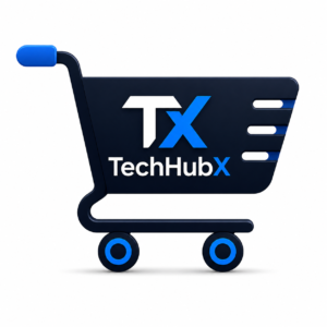 TechHubX shopping cart icon with TX logo in blue and black