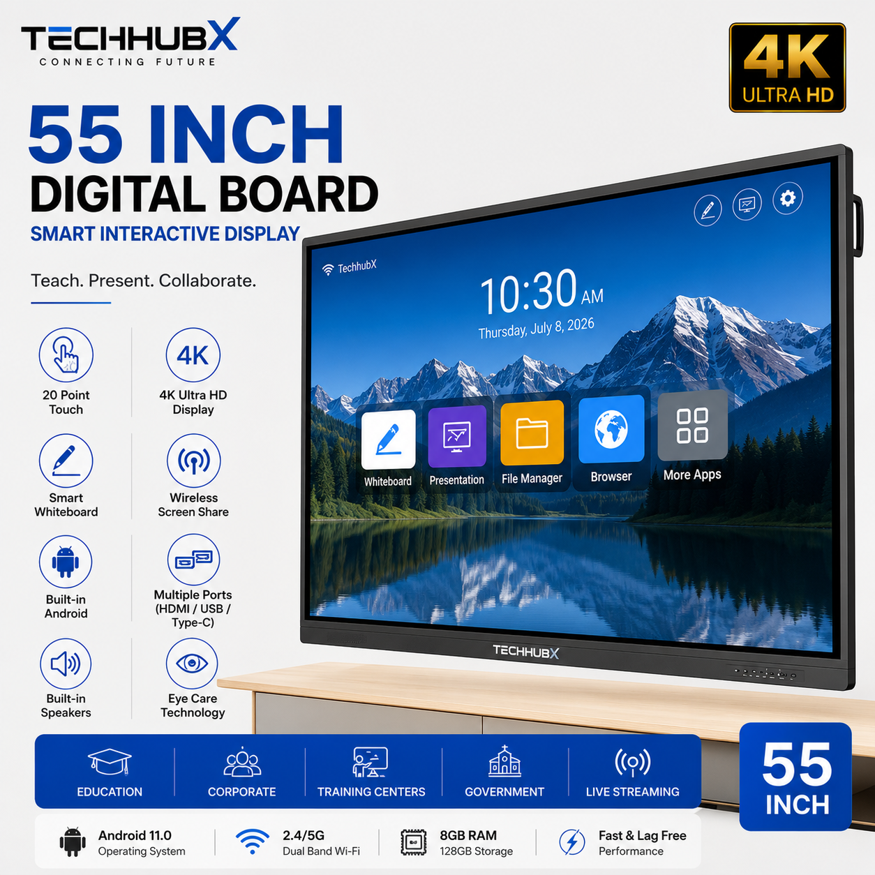 TechHubX 55 Inch Interactive Smart Board 4K UHD Digital Display for Classrooms and Meeting Rooms