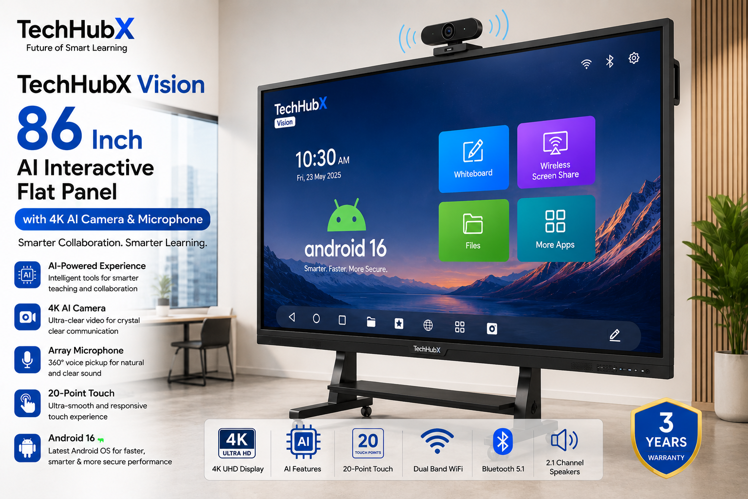 TechHubX 86 Inch AI Interactive Flat Panel for Smart Classroom and Meeting Room