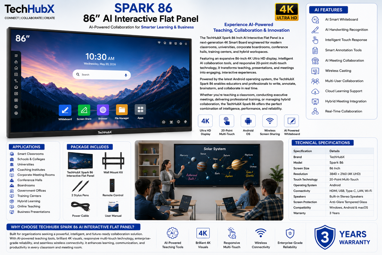 TechHubX Spark 86 Inch AI Interactive Flat Panel | 4K Smart Board