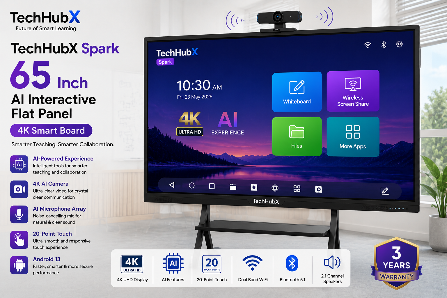 TechHubX Spark 65 AI Interactive Flat Panel Smart Board with 4K Display