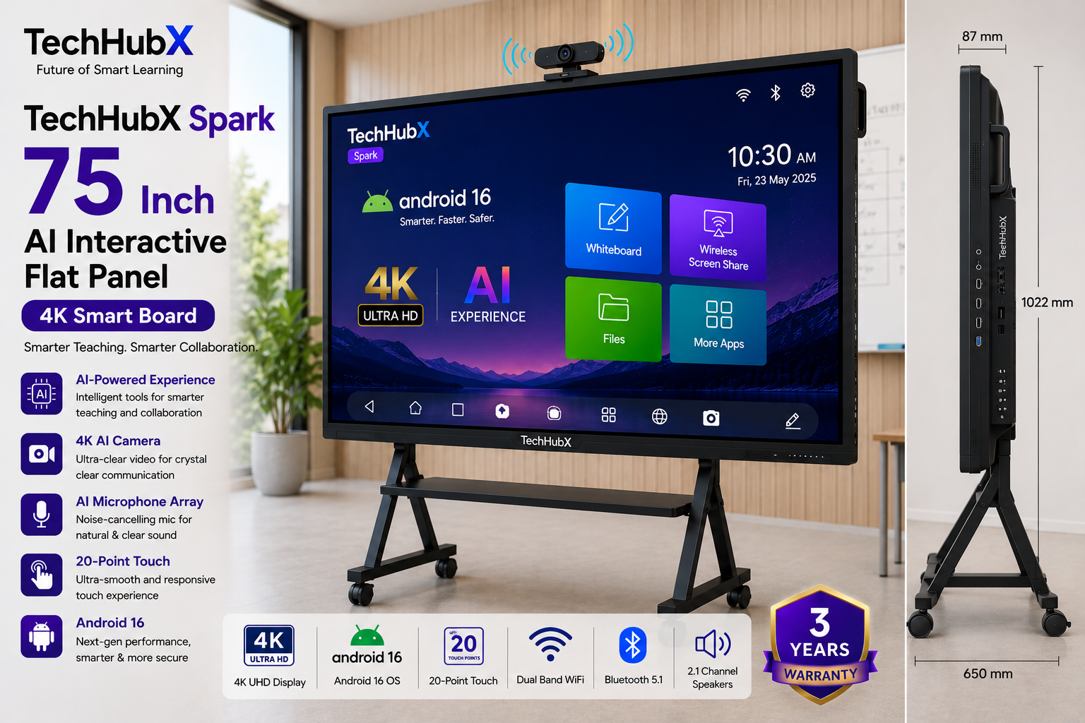 TechHubX Spark 75 Inch AI Interactive Flat Panel 4K Smart Board