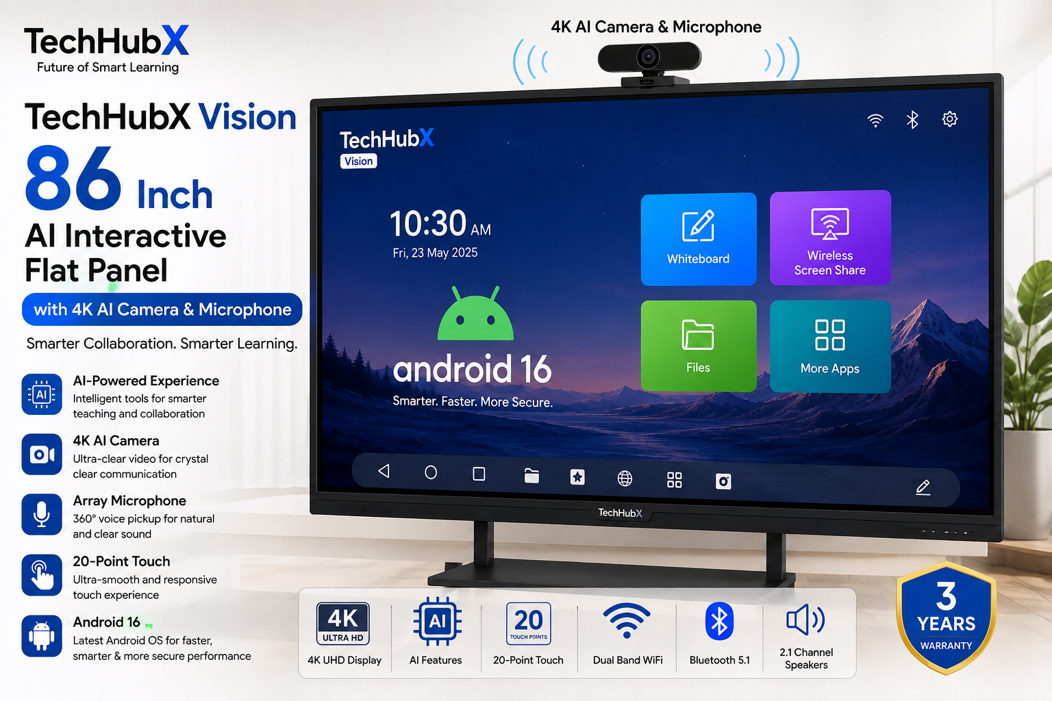 TechHubX Vision 86 Inch AI Interactive Flat Panel with 4K AI Camera & Microphone