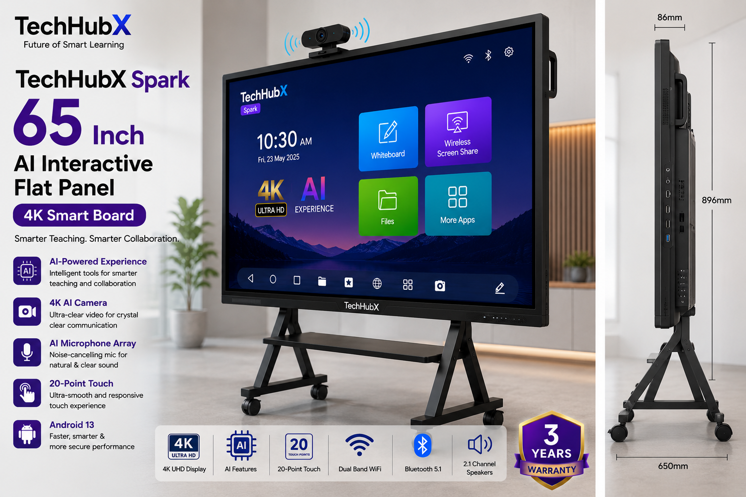 Another view of TechHubX Spark 65 AI Interactive Flat Panel Smart Board with 4K Display