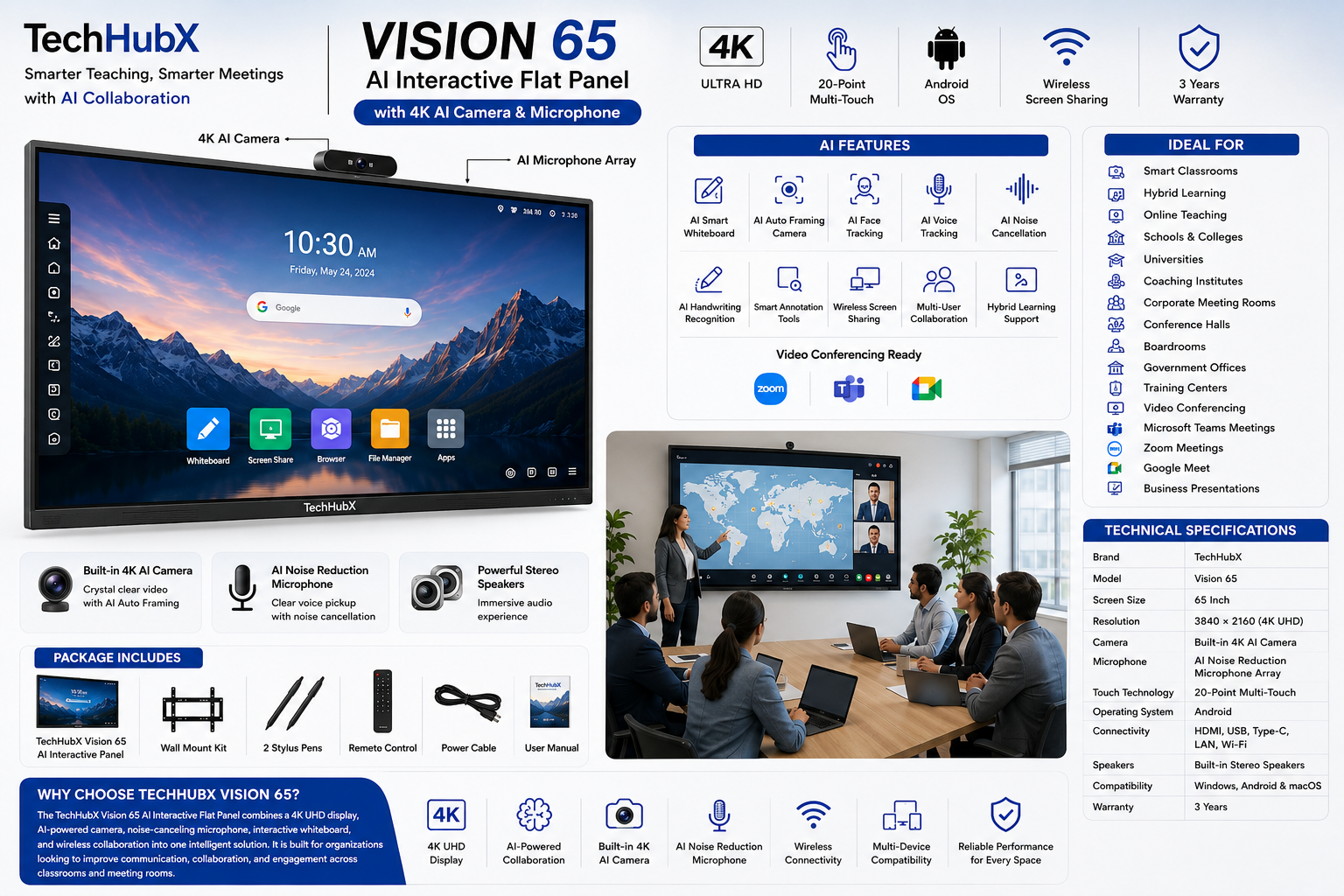 TechHubX Vision 65 Inch AI Interactive Flat Panel with Camera & Mic
